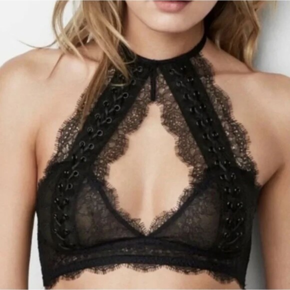 Victoria's Secret Eyelash Lace Mesh Keyhole Front Halter Bralette Black Medium - Picture 1 of 11